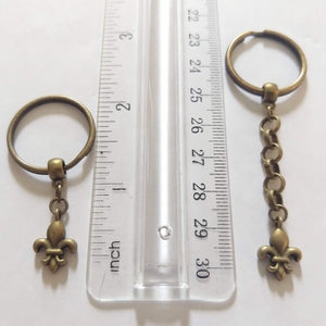 Tiny Bronze Fleur de Lis Keychain Key Ring or Zipper Pull