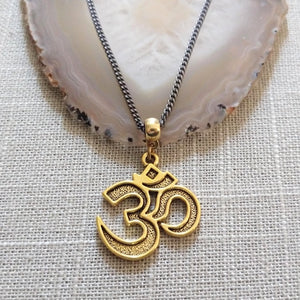 Ohm Aum Necklace - Brass Charm on Gunmetal Curb Chain - Reiki Zen Yoga Jewelry