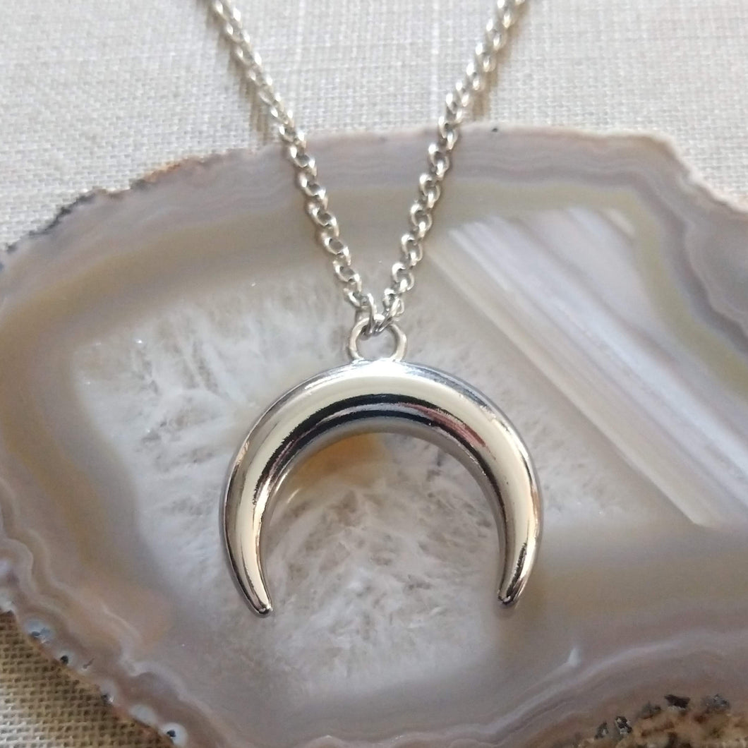 Curved Horn Necklace on Silver Rolo Chain, Mens Jewelry