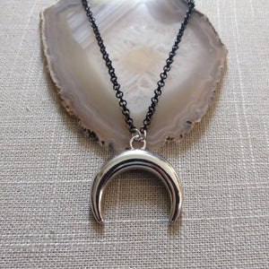 Curved Horn Necklace on Black  Rolo Chain, Mens Jewelry