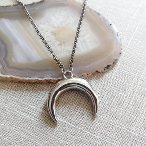 Curved Horn Necklace, Silver Horn on Gunmetal Rolo Chain,  Mens Jewelry