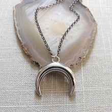 Load image into Gallery viewer, Curved Horn Necklace, Silver Horn on Gunmetal Rolo Chain,  Mens Jewelry
