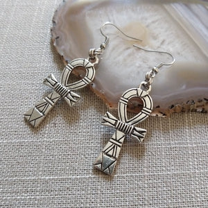 Ankh Earrings - Silver Egyptian Cross Dangle Drop Earrings