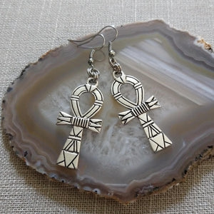 Ankh Earrings - Silver Egyptian Cross Dangle Drop Earrings