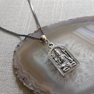 Shiva Ohm Necklace - Silver Shiva on Thin Gunmetal Chain - Mens Jewelry