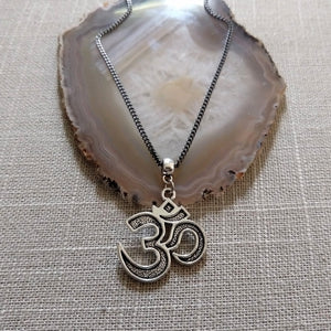 Silver Ohm Necklace - Ohm Pendant on Gunmetal Curb Chain - Yoga Jewelry