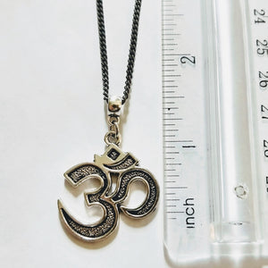 Silver Ohm Necklace - Ohm Pendant on Gunmetal Curb Chain - Yoga Jewelry