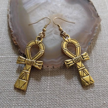 Load image into Gallery viewer, Ankh Earrings - Antique Gold Egyptian Cross Dangle Drop Earrings
