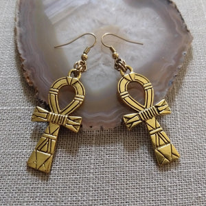 Ankh Earrings - Antique Gold Egyptian Cross Dangle Drop Earrings