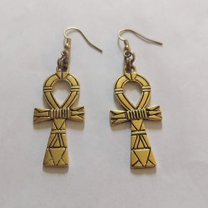 Ankh Earrings - Antique Gold Egyptian Cross Dangle Drop Earrings