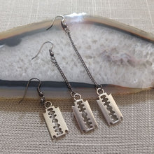 Load image into Gallery viewer, Razorblade Earrings -  Long Dangle Earrings with Gunmetal Curb Chain
