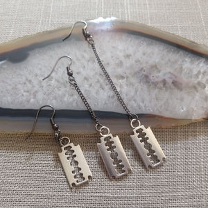 Razorblade Earrings -  Long Dangle Earrings with Gunmetal Curb Chain