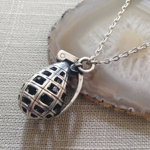 Hollow Grenade Necklace on Silver Cable Chain, Mens Jewelry