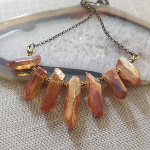 Peach Mystic Crystal Quartz Bib Necklace , Bohemian Crystal Jewelry