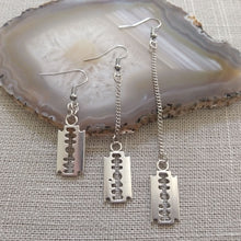 Load image into Gallery viewer, Razorblade Earrings -  Long Dangle Earrings with Silver Curb Chain
