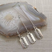 Load image into Gallery viewer, Razorblade Earrings -  Long Dangle Earrings with Silver Curb Chain
