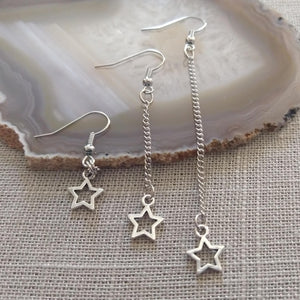 Tiny Star Earrings, Your Choice of Five Lengths, Long Dangle Chain Drop