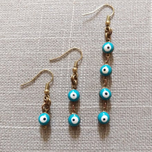 Load image into Gallery viewer, Evil Eye Earrings, Turquoise and Raw Brass in Your Choice of Three Lengths
