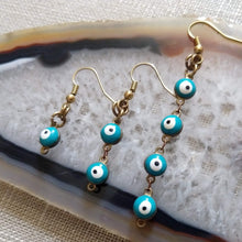 Load image into Gallery viewer, Evil Eye Earrings, Turquoise and Raw Brass in Your Choice of Three Lengths
