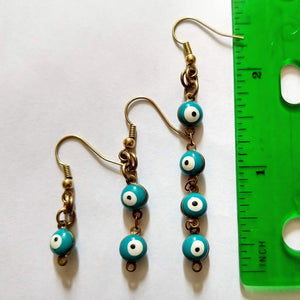 Evil Eye Earrings, Turquoise and Raw Brass in Your Choice of Three Lengths