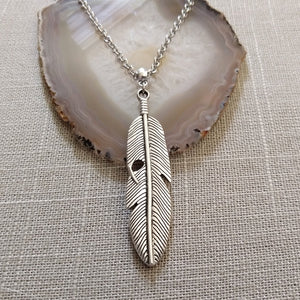 Feather Necklace, Mens Jewelry on Silver Cable Chain, Bohemian Layering Jewelry