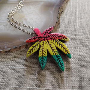 Rasta Marijuana Leaf Necklace on Silver Cable Chain