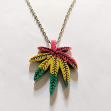 Load image into Gallery viewer, Rasta Marijuana Leaf Necklace on Silver Cable Chain
