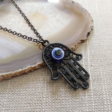 Load image into Gallery viewer, Black Hamsa Evil Eye Necklace on Gunmetal Rolo Chain, Mens Jewelry
