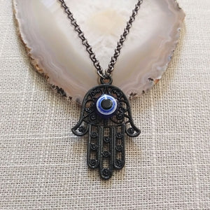 Black Hamsa Evil Eye Necklace on Gunmetal Rolo Chain, Mens Jewelry