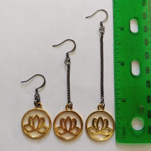 Load image into Gallery viewer, Gold Japanese Lotus Flower Earrings, Your Choice of Three Lengths, Long Dangle Chain Earrings
