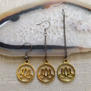 Gold Japanese Lotus Flower Earrings, Your Choice of Three Lengths, Long Dangle Chain Earrings