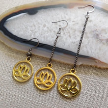 Load image into Gallery viewer, Gold Japanese Lotus Flower Earrings, Your Choice of Three Lengths, Long Dangle Chain Earrings
