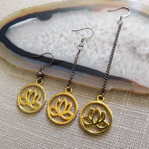 Gold Japanese Lotus Flower Earrings, Your Choice of Three Lengths, Long Dangle Chain Earrings