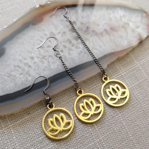 Gold Japanese Lotus Flower Earrings, Your Choice of Three Lengths, Long Dangle Chain Earrings
