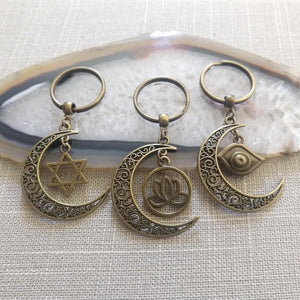 Crescent Moon Keychain, Celestial Backpack or Purse Charm, Zipper Pull with Your Choice of Charm