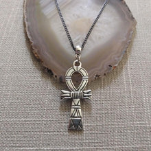 Load image into Gallery viewer, Striped Ankh Necklace on Gunmetal Curb Chain, Egyptian Cross Jewelry
