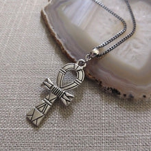 Load image into Gallery viewer, Striped Ankh Necklace on Gunmetal Curb Chain, Egyptian Cross Jewelry
