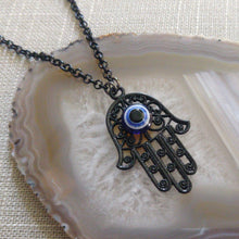 Load image into Gallery viewer, Black Hamsa and Evil Eye Necklace - Mens Hamsa Layering Jewelry
