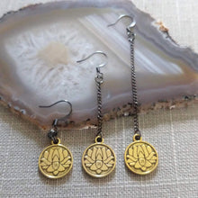 Load image into Gallery viewer, Gold Lotus Earrings, Your Choice of Three Lengths, Long Dangle Chain Earrings
