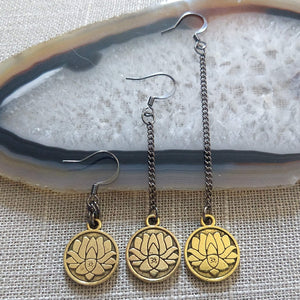 Gold Lotus Earrings, Your Choice of Three Lengths, Long Dangle Chain Earrings