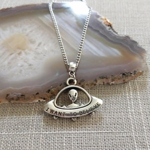 UFO Alien Spaceship Necklace on Silver Curb Chain, Mens Jewelry