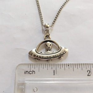 UFO Alien Spaceship Necklace on Silver Curb Chain, Mens Jewelry