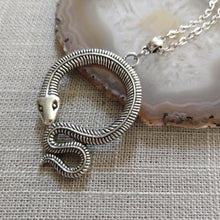 Load image into Gallery viewer, Coiled Snake Necklace on Silver Rolo Chain, Mens Snake Necklace, Mens Jewelry
