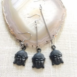 Black Buddha Earrings, Your Choice of Three Lengths - Long Dangle Chain Earrings