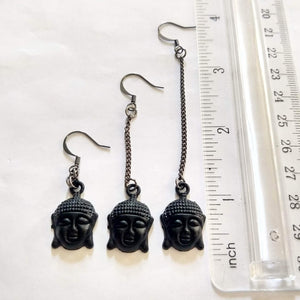 Black Buddha Earrings, Your Choice of Three Lengths - Long Dangle Chain Earrings