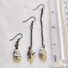 Load image into Gallery viewer, Tiny Mushroom Earrings - Your Choice of Three Lengths - Long Dangle Chain Earrings
