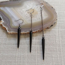 Load image into Gallery viewer, Black Spike Earrings, Your Choice of Three Lengths, Long Dangle Chain Earrings
