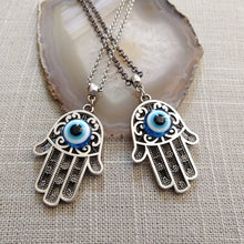 Load image into Gallery viewer, Hamsa Evil Eye Necklace on Silver Rolo Chain
