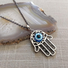 Load image into Gallery viewer, Hamsa Evil Eye Necklace on Gunmetal Rolo Chain
