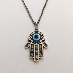 Hamsa Evil Eye Necklace on Gunmetal Rolo Chain